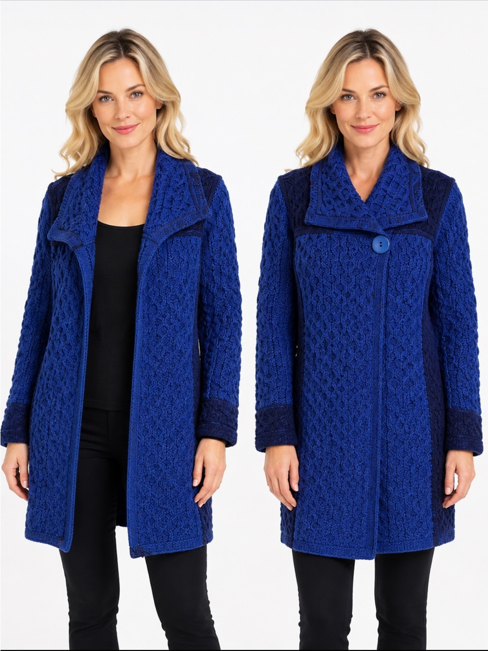 Aran Crafts Ireland Blue Merino Wool Cable Knit Coat Cardigan Medium